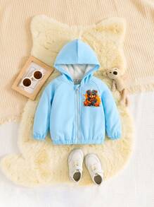 Baby Girl Bear Print Raglan Sleeve Zip Up Thermal Hooded Jacket - Baby Blue - View 1