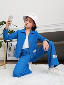 SHEIN Tween Girl Letter Patched Detail Blouse & Pants - Royal Blue - View 5