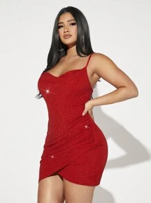 SHEIN SXY 垂領圍裹下擺金屬亮絲吊帶洋裝 - 紅色 - 查看 5