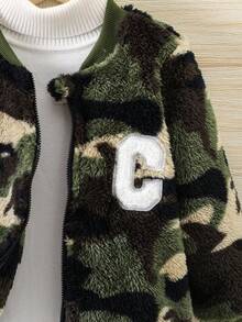 Young Boy 1pc Camo Print Letter Patched Teddy Bomber Jacket - Army Green - View 4