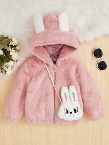 SHEIN Little Girls' Woven Plush Hooded Loose Mid-heavyweight Jacket With Rabbit Shaped Crossbody Bag - Dusty Pink - View 1