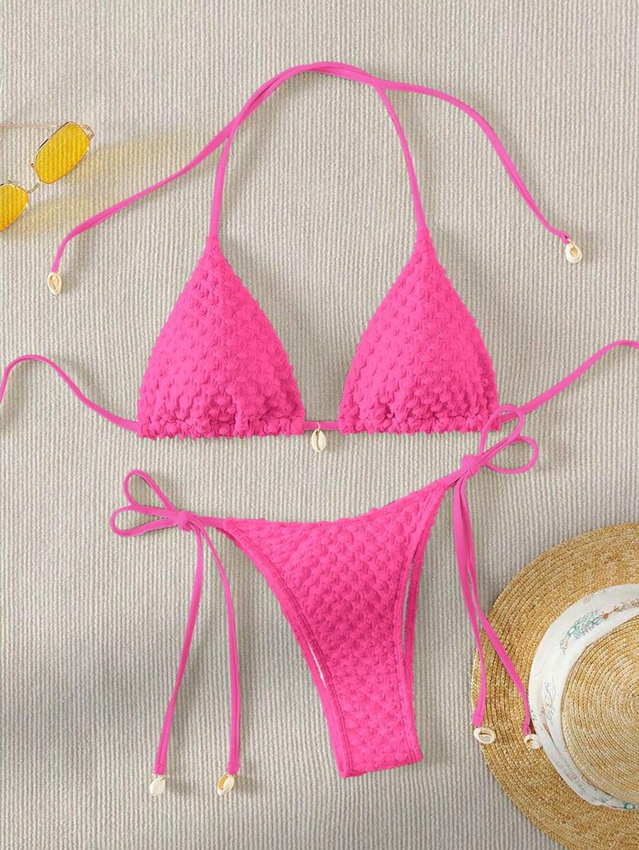 SHEIN Swim Summer Beach Faux Pearl Decor Halter Triangle Bikini Set - Hot Pink - View 1
