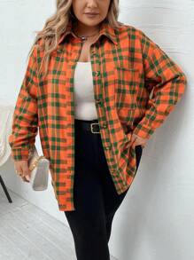 SHEIN CURVE+ 大碼格紋印花落肩袖襯衫 - 橘色 - 查看 1