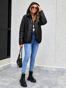 EURMUSE Drop Shoulder Drawstring Hem Zipper Hooded Puffer Coat - Black - View 3