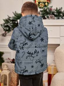 SHEIN Young Boy Letter & Cartoon Graphic Hooded Padded Coat For Christmas - Multicolor - View 2