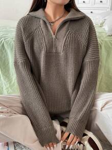 Flirla Plus Quarter Zip Raglan Sleeve Sweater Winter Fall Autumn - Camel - View 3