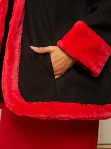 SHEIN SXY Plus Contrast Fuzzy Trim Open Front Overcoat - Black - View 4