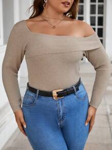 SHEIN Clasi Plus Asymmetrical Neck Ribbed Knit Sweater - Apricot - View 1