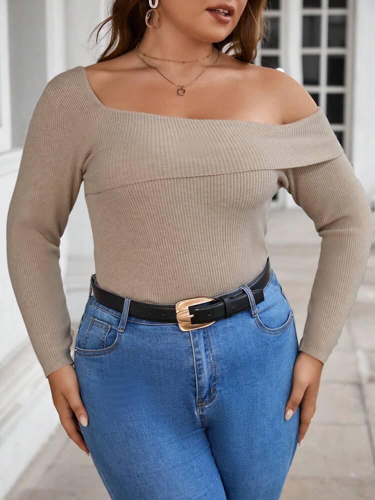 Plus Asymmetrical Neck Ribbed Knit Sweater