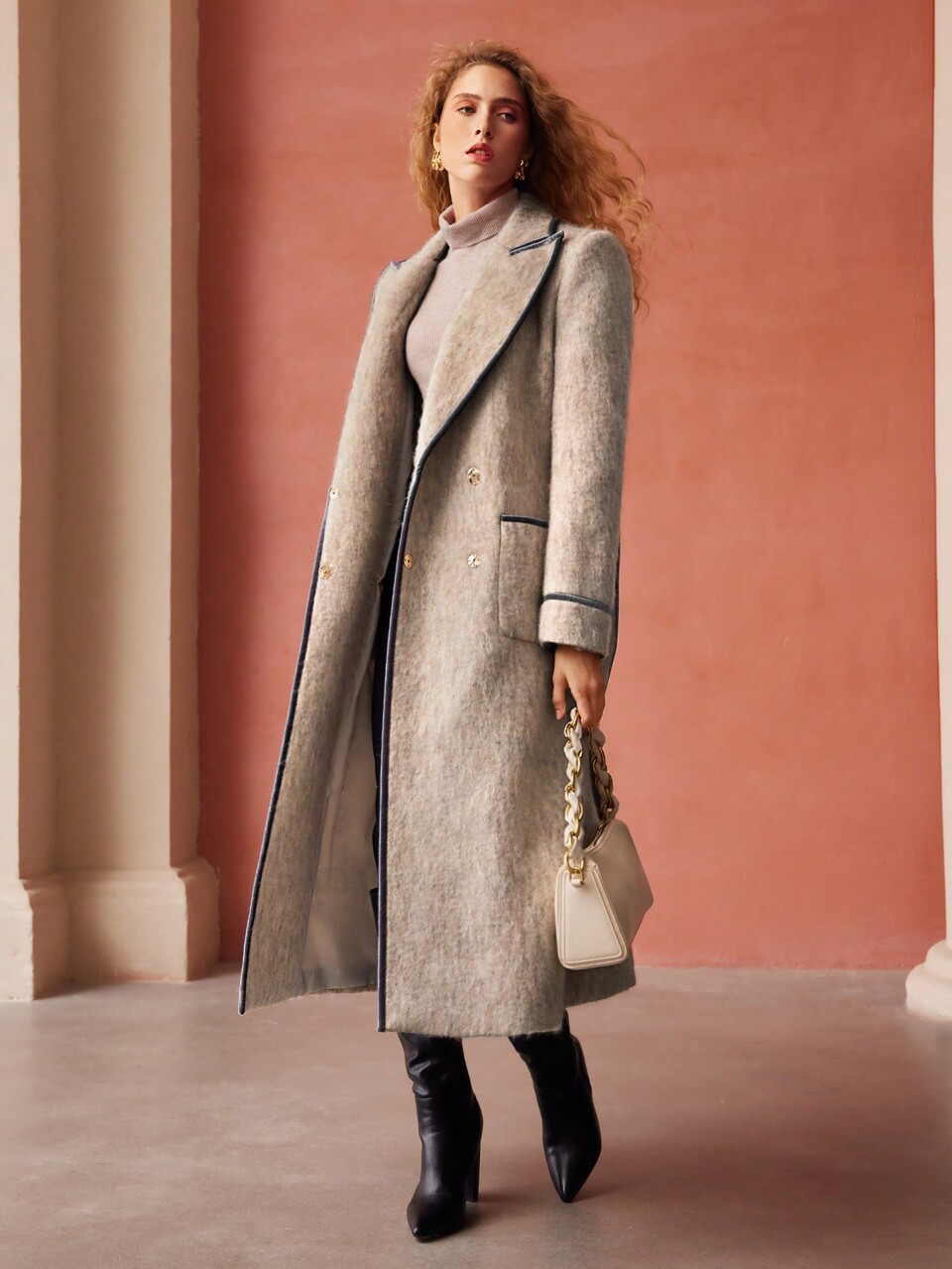 MOTF BELTED WOOL-BLEND CONTRAST BINDING COAT