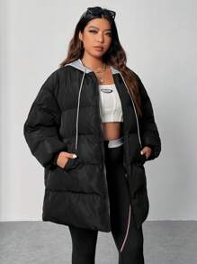 SHEIN EZwear Abrigo con capucha con cordón y hombros caídos acolchado 2 en 1 talla grande - Negro - Ver 1