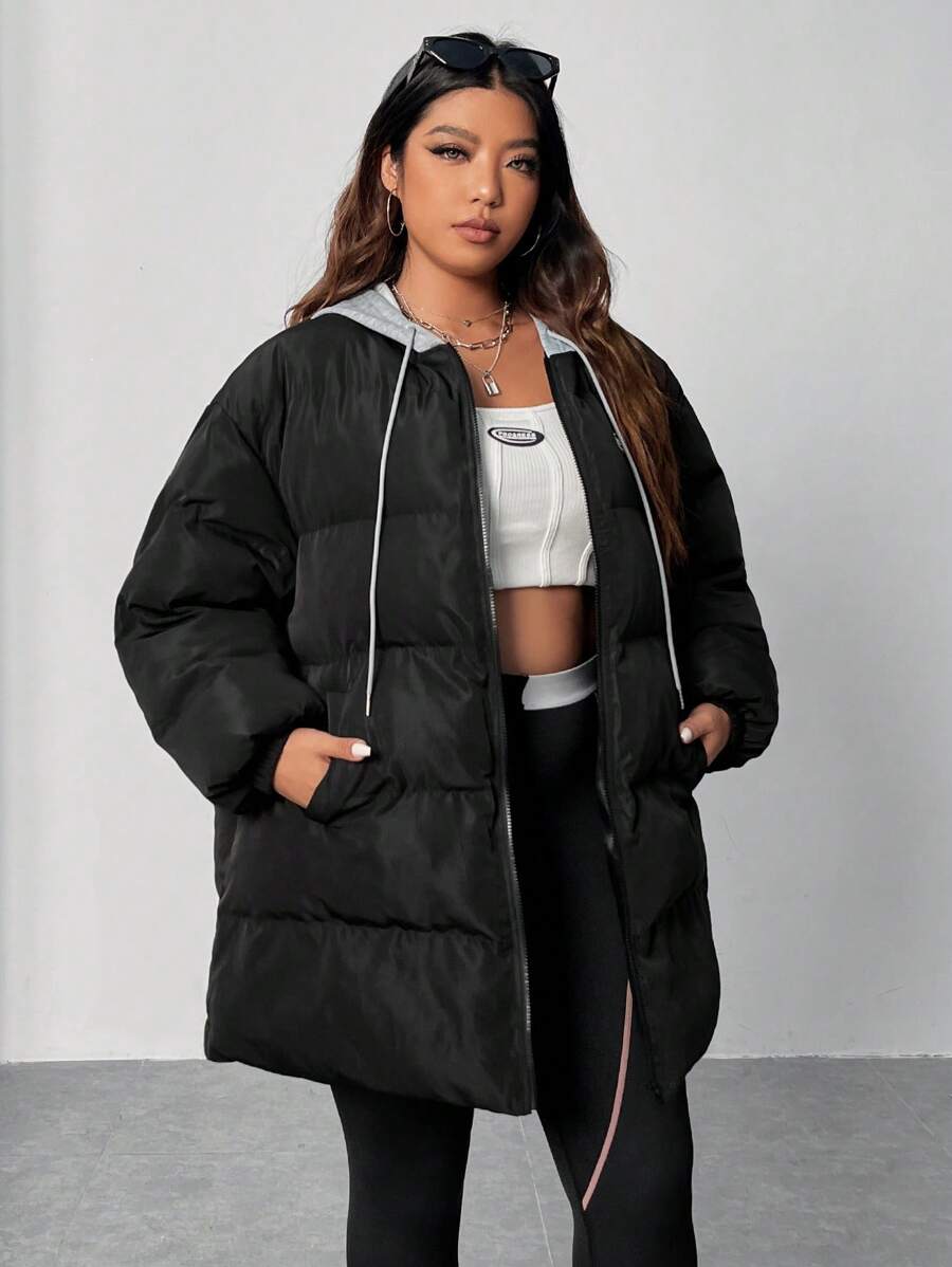 SHEIN EZwear Abrigo con capucha con cordón y hombros caídos acolchado 2 en 1 talla grande - Negro - Ver 1