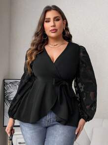 SHEIN Clasi 大碼網紗拼接燈籠袖側打結圍裹女士襯衫 - 黑色 - 查看 5