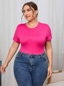 SHEIN Essnce Plus Enfärgat T-shirt Bodysuit med Smal Passform - Skrikrosa - Visa 6