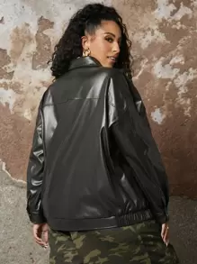 SHEIN CURVE+ Plus Solid Zip Up Drop Shoulder PU Coat - Black - View 2