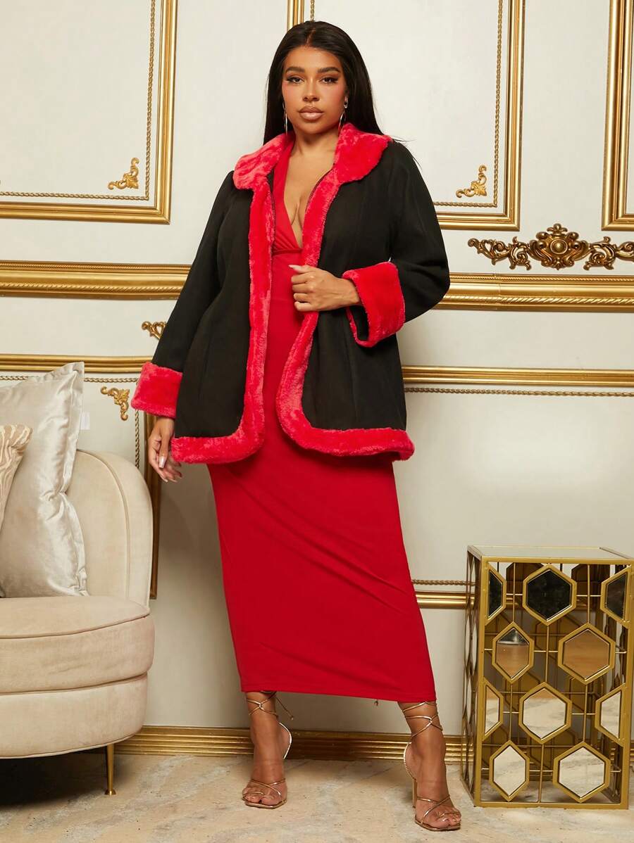 SHEIN SXY Plus Contrast Fuzzy Trim Open Front Overcoat - Black - View 1