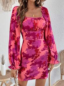 SHEIN VCAY 花卉印花方領喇叭袖洋裝 - 紅色 - 查看 3