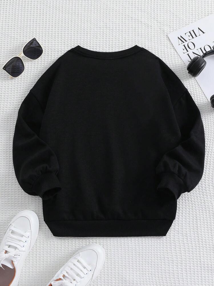 SHEIN Tween Girls' Loose Fit Knitted Round Neck Letter Printed Casual Sweatshirt - Black - View 2