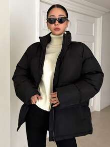 DAZY 拉链斜口袋加厚口袋大衣，冬季女式加厚大衣夹克 - 黑色 - 查看 7