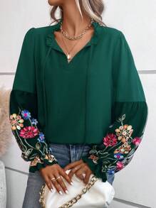 SHEIN Clasi 印花燈籠袖繫帶領襯衫 - 墨綠色 - 查看 4