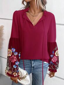 SHEIN Clasi 印花燈籠袖繫帶領襯衫