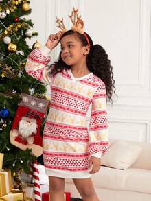 少女款心形几何印花灯笼袖卫衣裙 - 紅色 - 查看 5