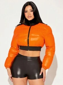 SHEIN SXY Halloween Print Zip Up Crop Padded Coat - Orange - View 5