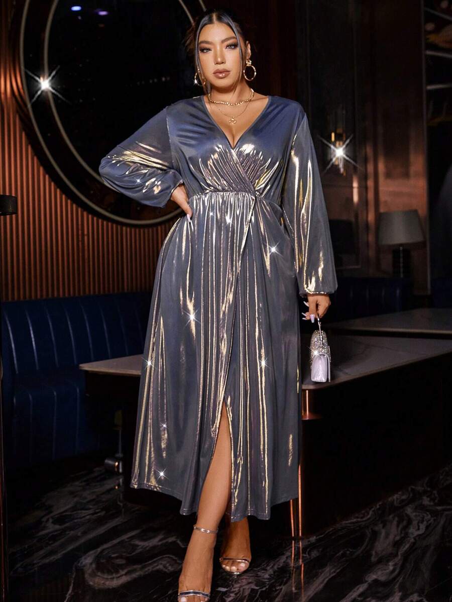 Allurite 大碼翻領燈籠袖開衩大腿金屬色洋裝 - 彩色 - 查看 1