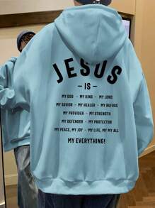 Manfinity Hypemode Hombres Capucha con estampado de slogan con bolsillo de canguro con cordón