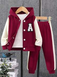 Young Girl Letter Patched Two Tone Hooded Jacket & Sweatpants Without Tee - Red - View 1
