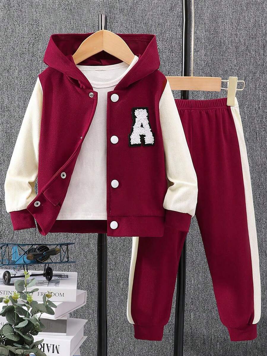 Young Girl Letter Patched Two Tone Hooded Jacket & Sweatpants Without Tee - Red - View 1