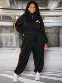 SHEIN CURVE+ 大碼彩虹刺繡拼接側邊接縫半拉鏈落肩袖連帽衫和運動褲 - 黑色 - 查看 6