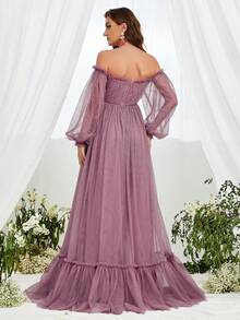 Maternity Off Shoulder Lantern Sleeve Ruffle Hem Mesh Elegant Dress, For Party - Dusty Pink - View 2