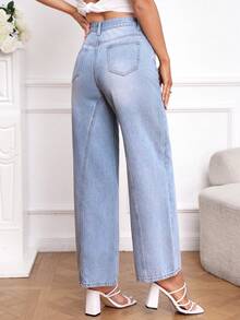 SHEIN Privé 高腰闊腿牛仔褲 - 淺色水洗藍 - 查看 2