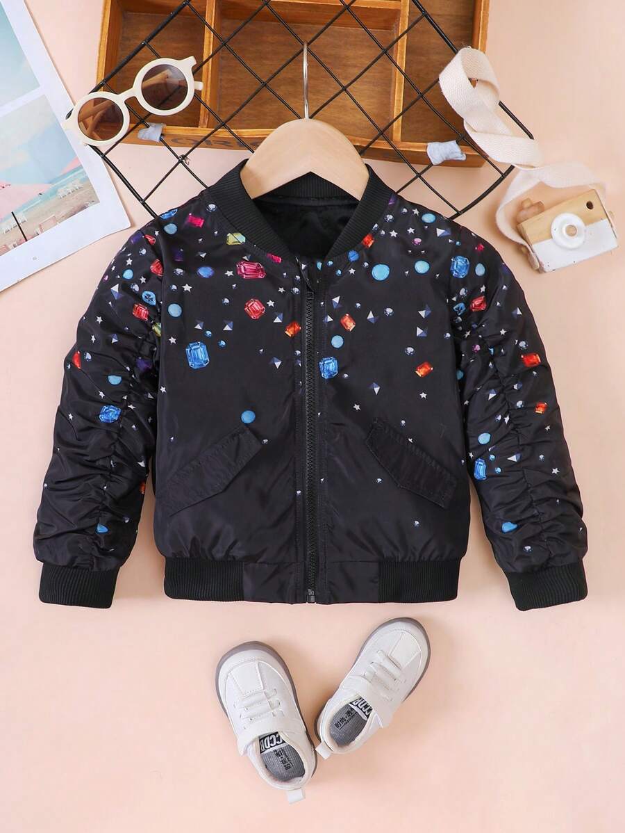SHEIN Young Girl Rhinestone Print Ruched Sleeve Bomber Jacket - Multicolor - View 1