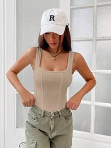 SHEIN EZwear Solid Square Neck Tank Bodysuit - Apricot - View 1
