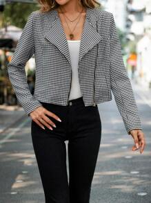 SHEIN Privé 千鳥格印花拉鍊機車夾克 - 黑與白 - 查看 1