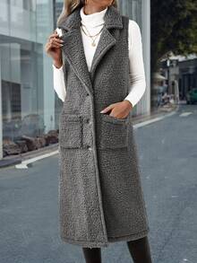 SHEIN LUNE 西裝領雙口袋絨毛外套馬甲 - 灰色 - 查看 7