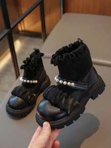 秋冬新款女童時尚中筒靴,防滑外底,襪狀設計,平底,適合兒童和青春期前兒童,pu 皮革製成