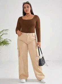 SHEIN EZwear Plus Solid Scoop Neck Bodysuit - Brown - View 6