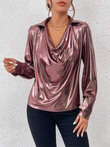 SHEIN Unity Draped Collar Lantern Sleeve Metallic Blouse - Pink - View 6