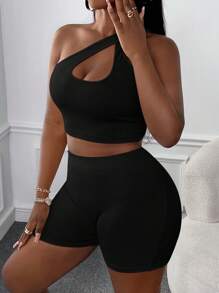 Slaydiva One Shoulder Crop Top & Biker Shorts - Black - View 4