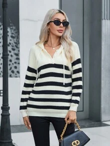 SHEIN LUNE 條紋圖案插肩袖抽繩連帽套頭毛衣 - 彩色 - 查看 4