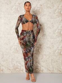 SHEIN BAE In Toàn bộ Top Cây trồng & Tách đùi Váy - Nhiều màu - Xem 5