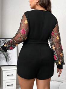 Ellevyn Plus Floral Embroidery Mesh Sleeve Belted Romper - Black - View 2