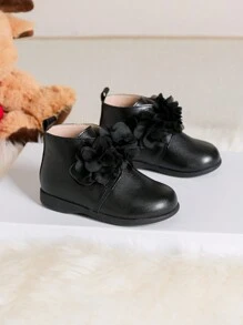 Girls' New Korean Style Step Shoes For Autumn And Winter With Black British Style Flower Decoration, Fashionable For Baby's Outdoor Activities - Black - View 1