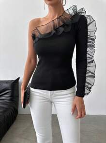 RueChic Women Ruffle Trim Tee - Black - View 4