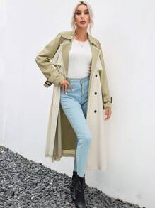 SHEIN Essnce 雙色雙排釦腰帶風衣外套 - 卡其色 - 查看 6