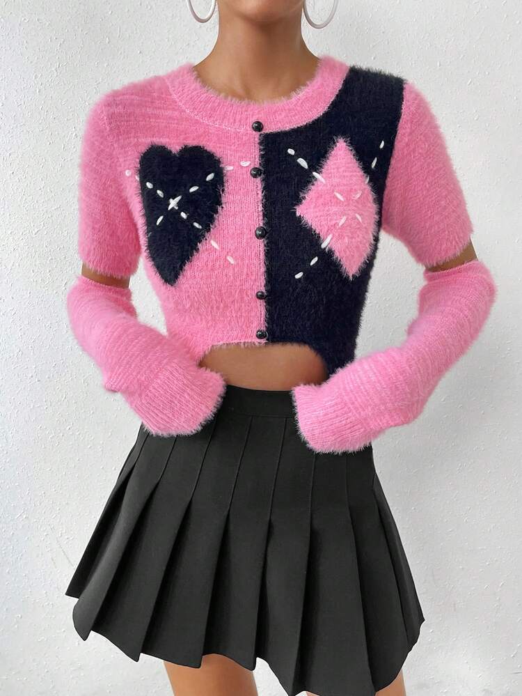 Argyle Pattern Fuzzy Crop Knit Top & 1pair Gloves