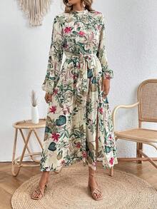 SHEIN VCAY Bản in nhiệt đới Tay áo lồng đèn Tách đùi Váy có thắt lưng - Nhiều màu - Xem 6